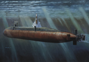 Artist conception of Ohio Class Sub launching an ICBM Missile-Away!
